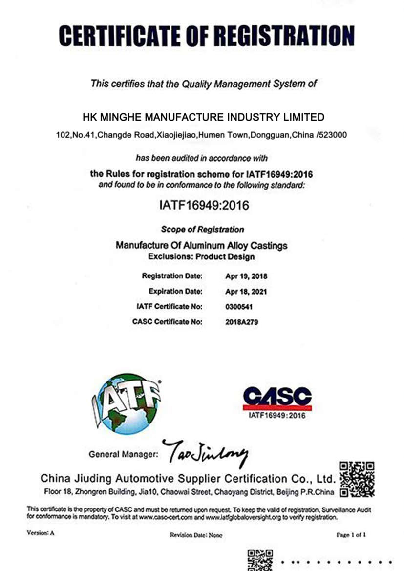 Certifikat Minghe HK ITAF 16949
