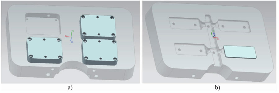 Fib. 2 Qapaq kalıbına (a) və ejektör qalığına (b) formalı təbəqəyə daxil edilmiş test blokları